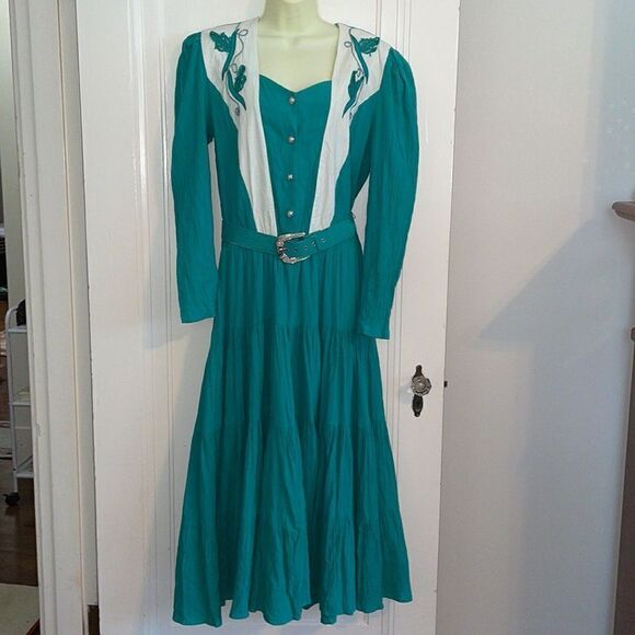 Vtg 80s/90s Lillia Smitty turquoise crinkle cloth layered skirt western dress - Picture 3 of 9